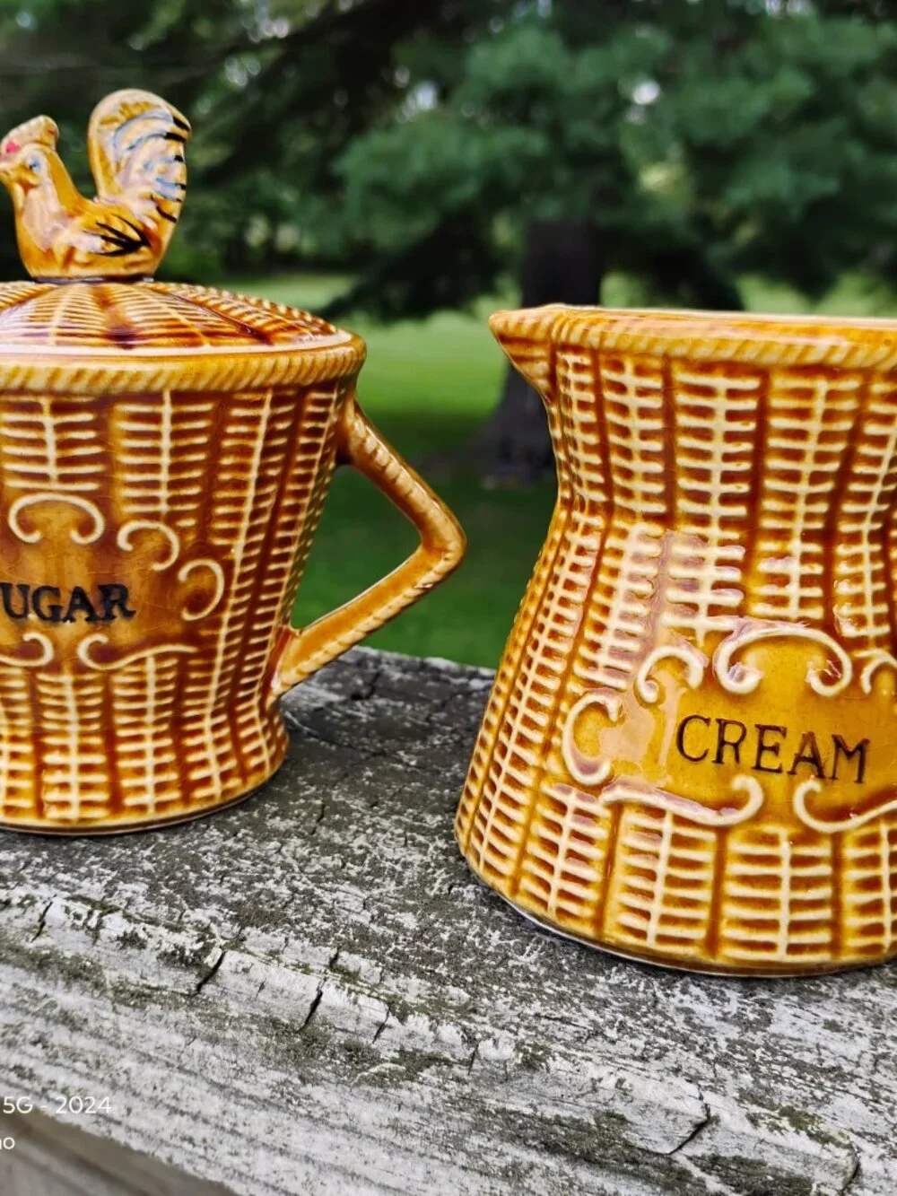 vintage ceramic lidded sugar bowl and creamer basket weave design with chicken